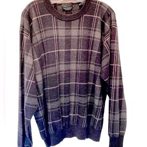 Mens sweater Greg Norman 100% fine Merino Wool sweater Brown Gray plaid L
Cc